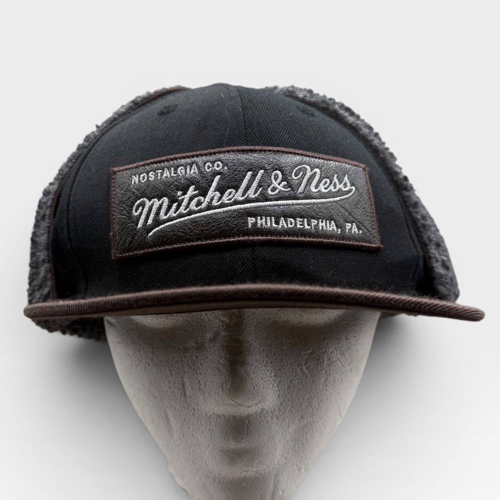 Mitchell & Ness Trapper Hat Mens 7 3/4 Sherpa Fleece Ear Flaps Black Brown